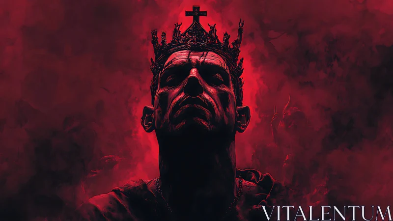 Blood-lit fallen king crowned in thorns of silent ruin.