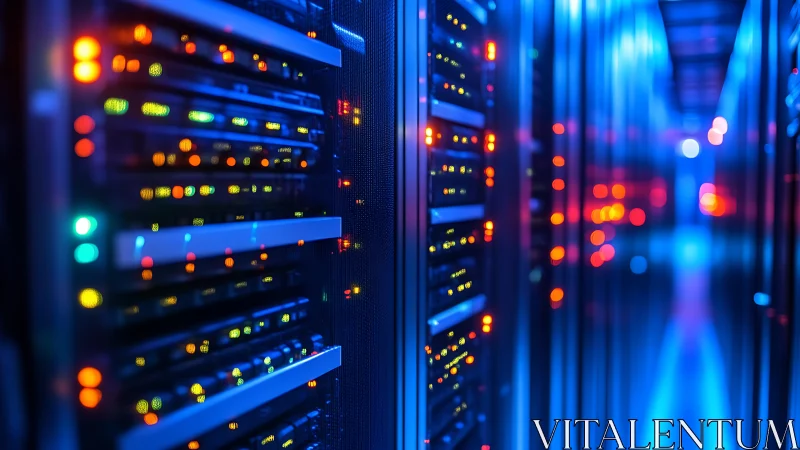 Quiet neon server corridor glowing with digital life.