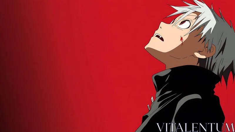 Anime character profile against stark red negative space composition.