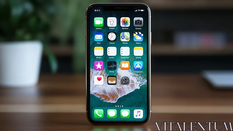 iPhone Home Screen with Organized App Icons Against Blurred Background.