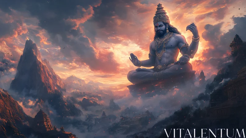 Mountain deity meditates above radiant sunset clouds.