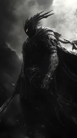 Digital painting of shadowed armored wraith with dynamic cloak.