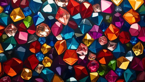 Assorted multicolored geometric gemstones on dark background.