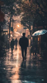 Solitary figure walking down rainy city street at night.