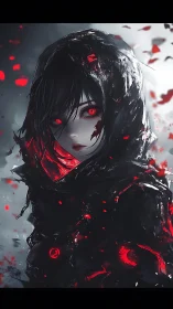 Hooded ember-eyed reaper wrapped in stormy crimson dusk.