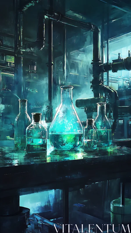 Glowing teal chemicals shimmer in a shadowy cyber lab interior