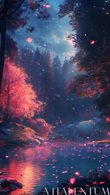 Enchanted riverside forest glows under ethereal chromatic light