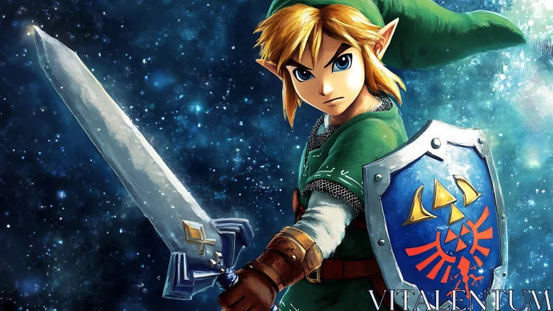 Heroic elf warrior with sword and shield in deep space.