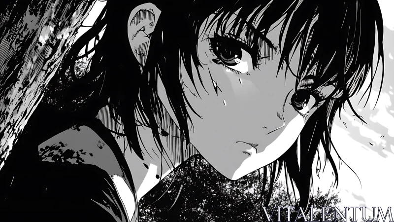 Melancholic anime girl gazes away in stark monochrome forest.