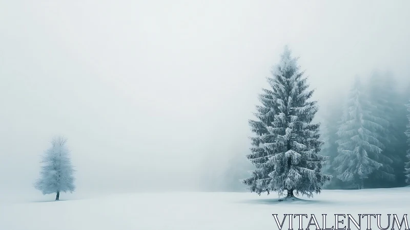 Snow-covered conifer trees in fog across a winter field.