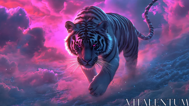 Neon lit tiger strides through luminous clouds and mist