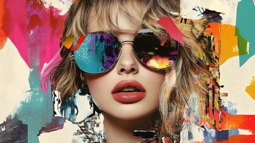 Vibrant portrait merges mirrored sunglasses with abstract paint.