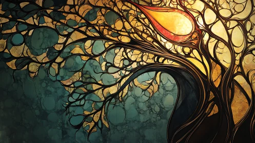 Sunlit neural tree bends twilight into molten stained glass