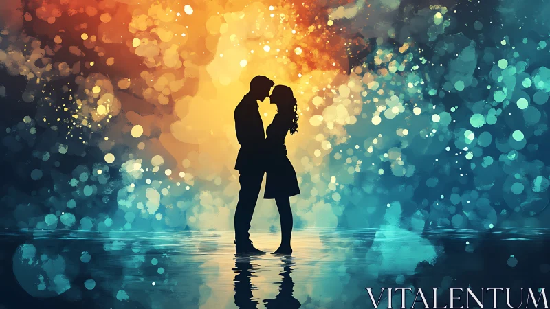 Two Silhouettes Kiss Under Cascading Bokeh Lights.