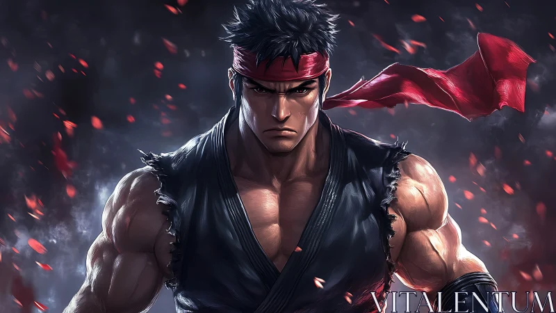 Muscular martial artist with red headband in battle stance.
