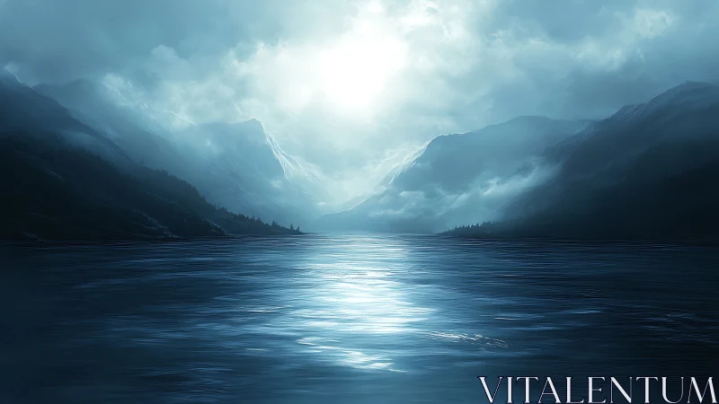 Moody digital seascape with misty blue mountain silhouettes.