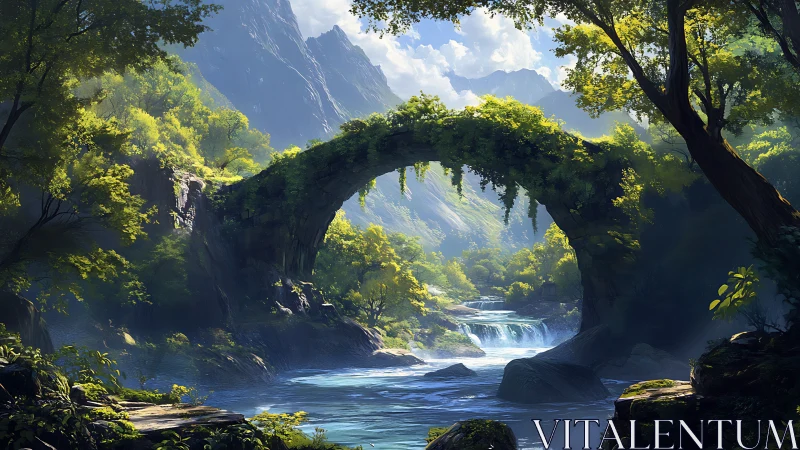 Stone arch remembers riversong beneath glowing forest light