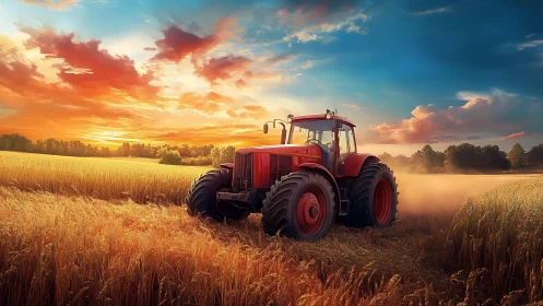 Red tractor crosses golden wheat field at blazing sunset.