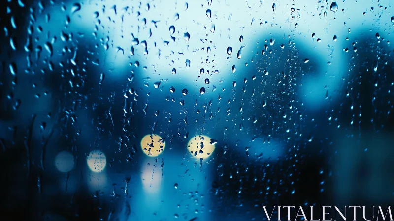Rain-soaked window with blurred city lights at dusk.