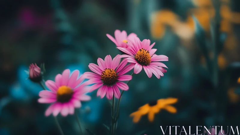 Pink Daisies Against Blurred Teal Garden Background.