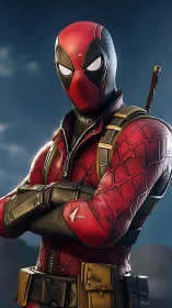 Sarcastic red-masked rogue poses with cinematic swagger.