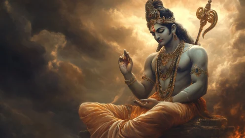 Seated mythological figure in ornate attire amid clouds.