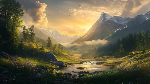 Digital painting alpine valley at golden-hour with river foreground.
