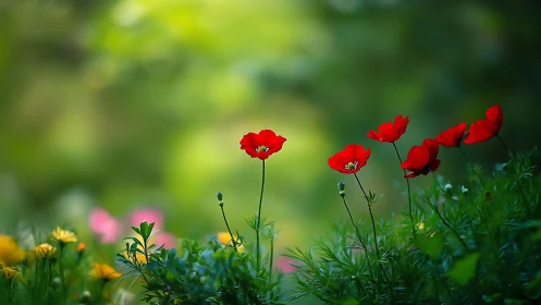 Scarlet poppies whisper in a dreamy green woodland hush.