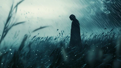 Solitary cloaked figure walks through rain-soaked field