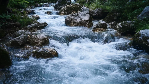 Crystal-clear mountain stream flowing over mossy rocks in nature.