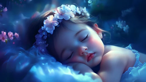 Serene child resting beneath ethereal blue floral wreath.