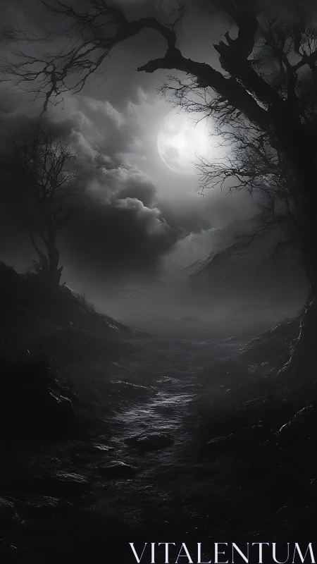 Moonlit barren path under twisted trees at night.