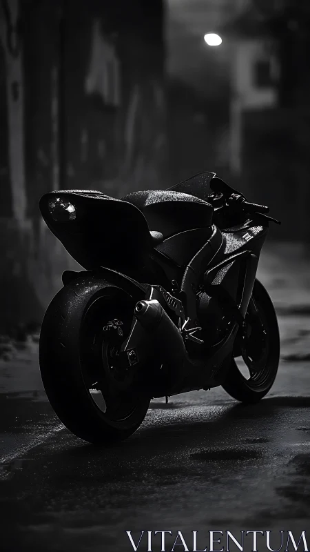 Midnight superbike poised in glistening rain-soaked alleyway.