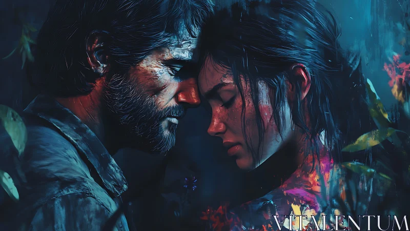 Two digital portraits meet in close profile against blue light