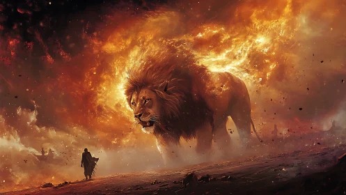 Fiery spectral lion strides through burning stormscape.
