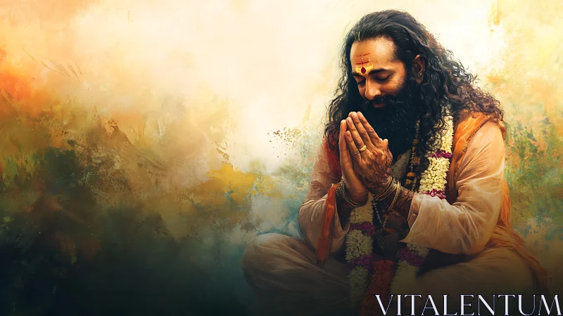 Seated figure in orange robe with folded hands and garlands.