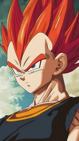 Fiery haired anime warrior in focused close up portrait.