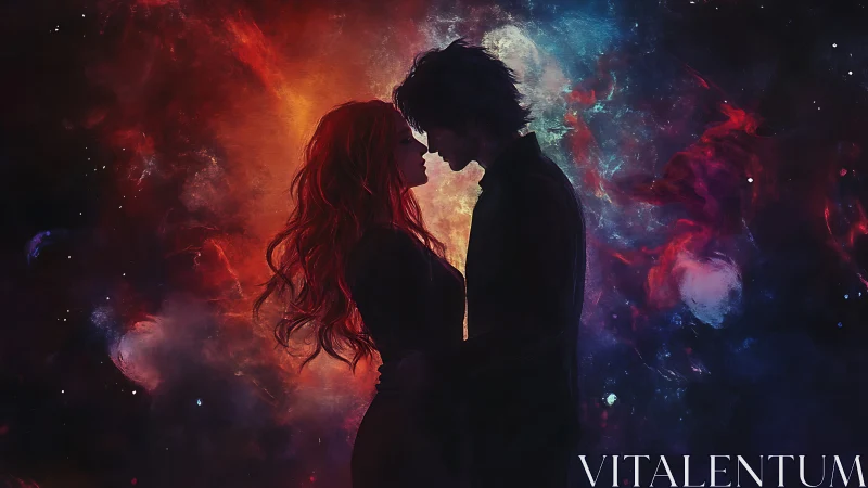 Silhouetted Figures Amid Nebular Luminescence and Cosmic Particle Dynamics