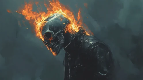 Flaming skull rider rendered with dynamic lighting and textured leather