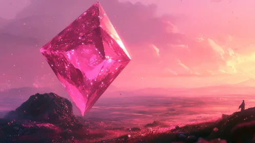 Suspended pink crystal monolith dominates ethereal alien horizon