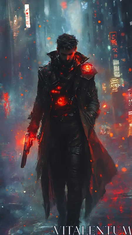 Cybernetic enforcer traversing neon-saturated dystopian streets.