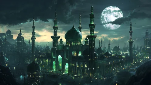 Luminous neo-islamic megacity under full moon with dense minaret skyline