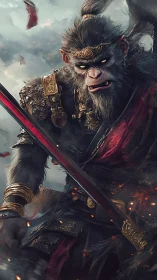 Mythic warrior monkey king with ornate armor and blade.