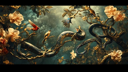 Serpents coil through gilded branches beside luminous birds.