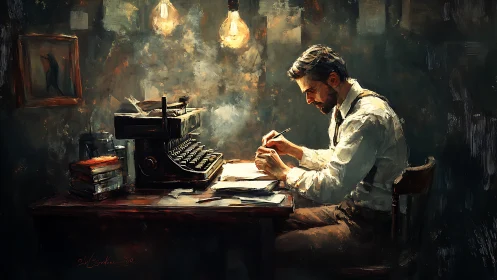 Solitary writer under warm bulbs in textured oil studio.