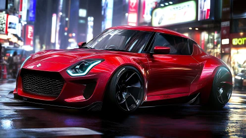 Neon storm coupe prowling slick city streets at midnight.