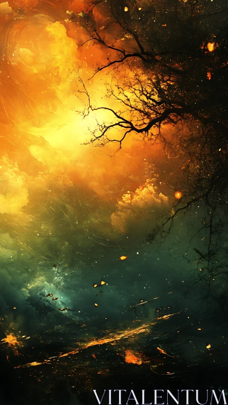 Golden Tree Silhouette Against Luminous Fire and Ethereal Green Gradient.