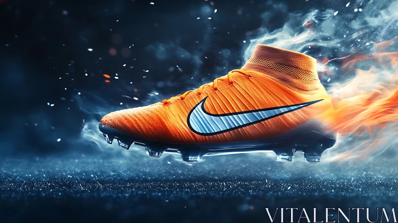 Blazing orange football boot in motion with fiery trail.