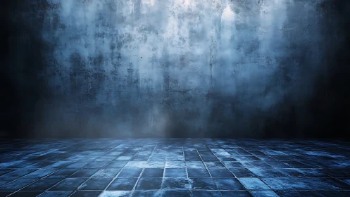 Cold industrial interior shows textured wall and tiled floor