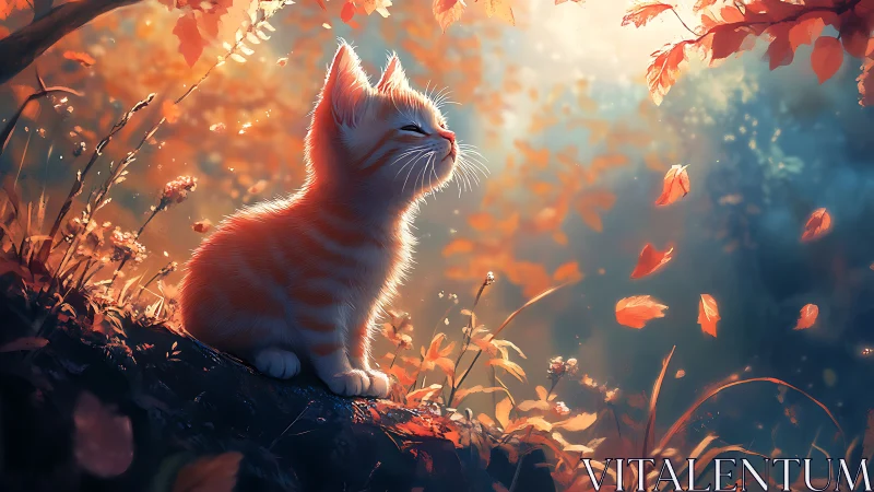 White Kitten Observing Autumn Foliage in Golden Light.
